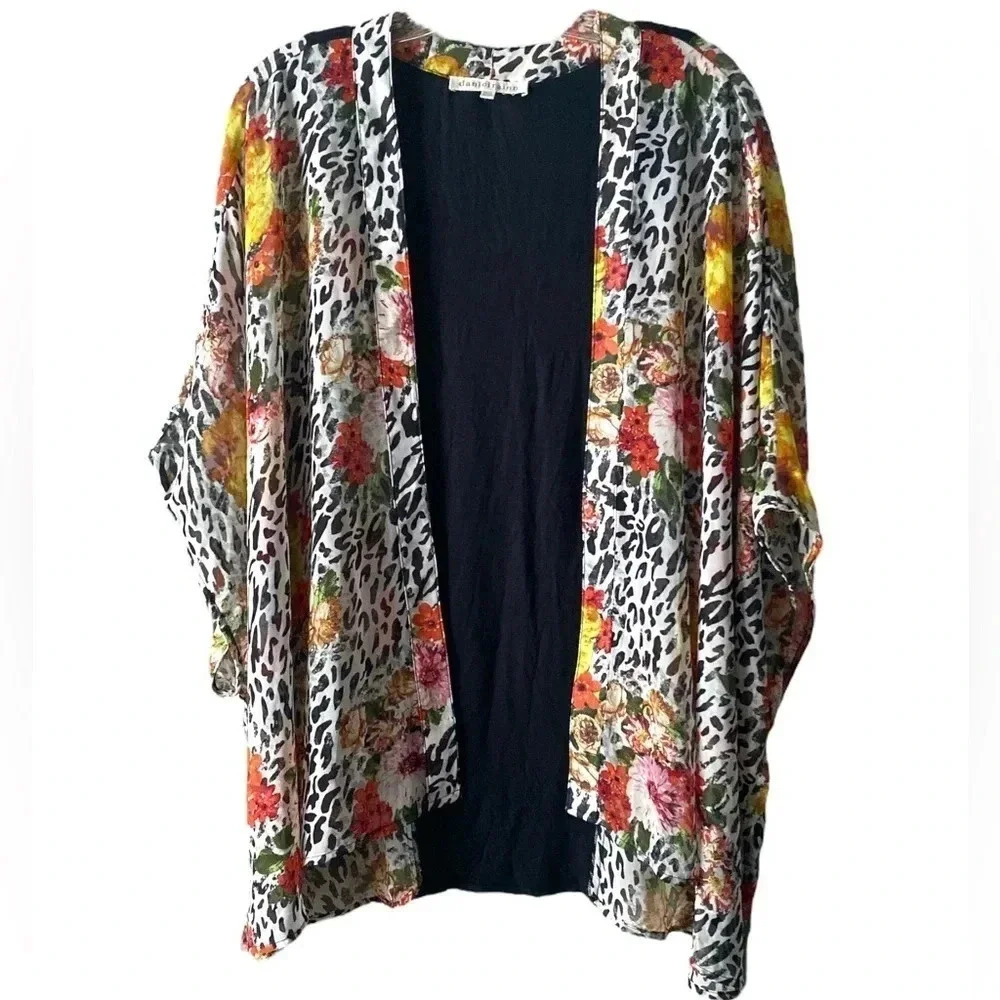 DANIEL RAINN | Drape Front Floral/Animal Print Sheer Cover-Up/Kimono Size XS/S